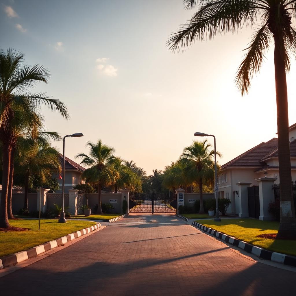 Paved estate access road with palm trees