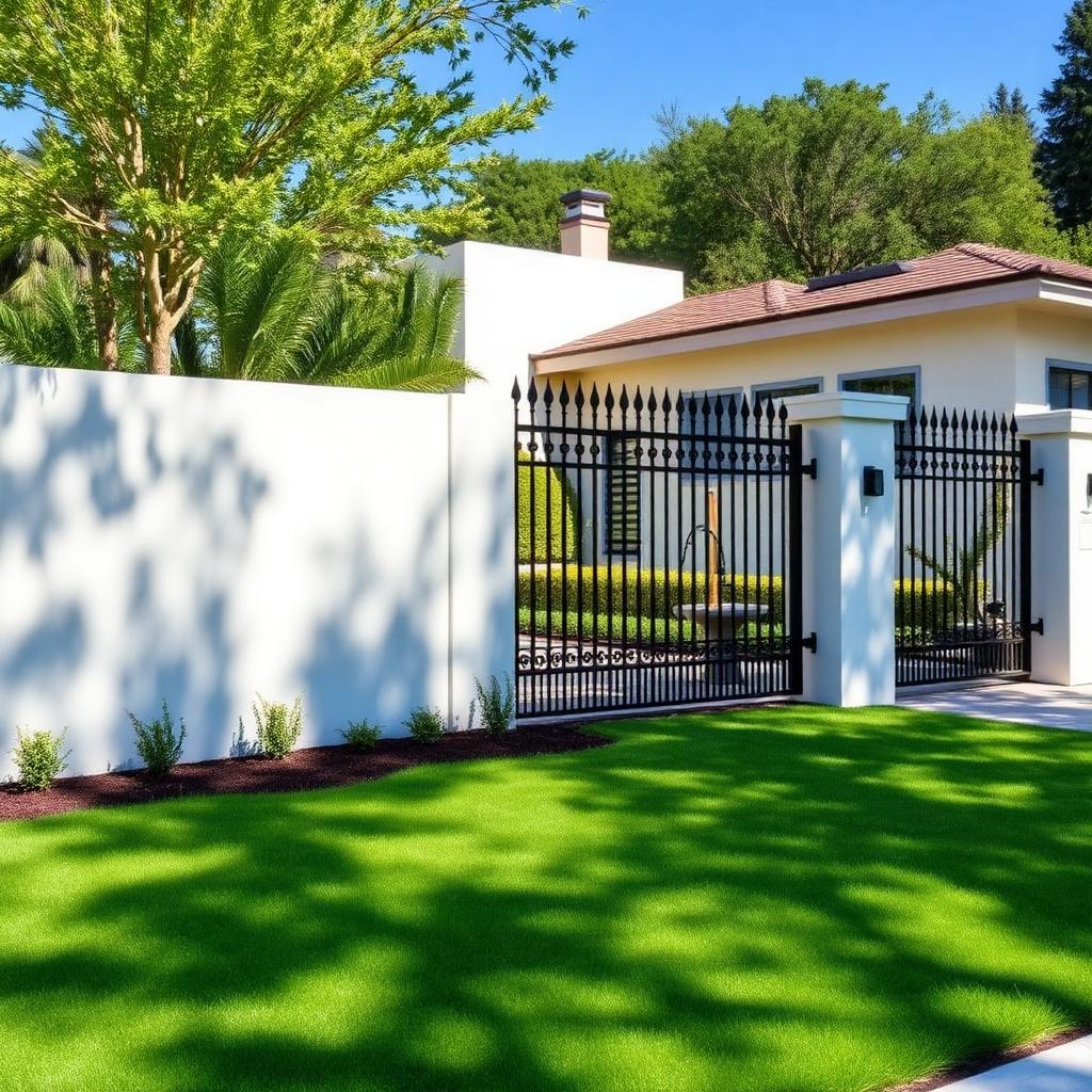 Gated community wall with wrought iron fence
